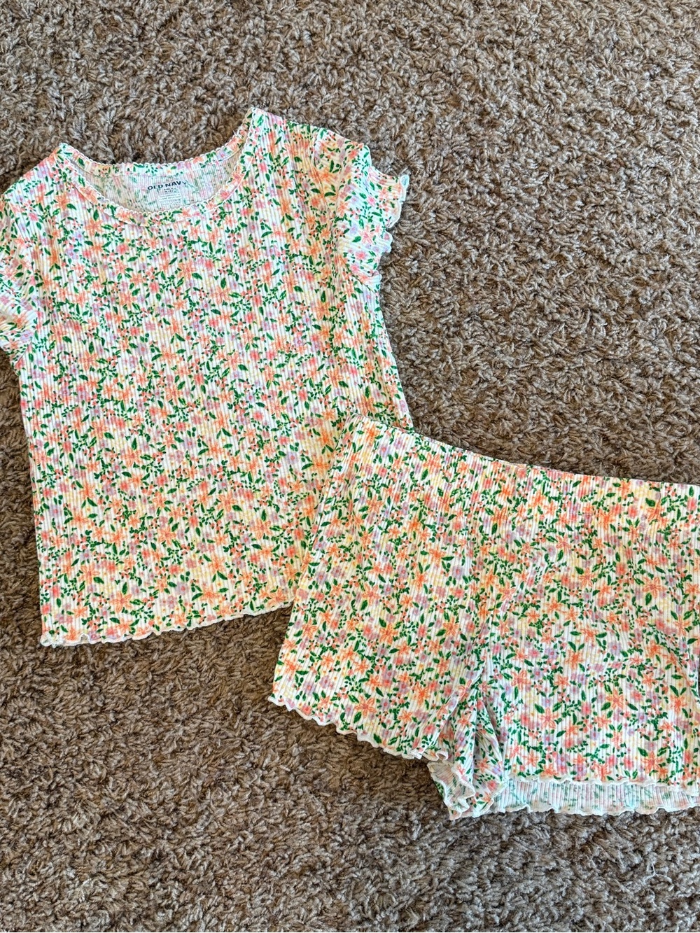 Old Navy White Floral Ribbed Set with Pink & Green